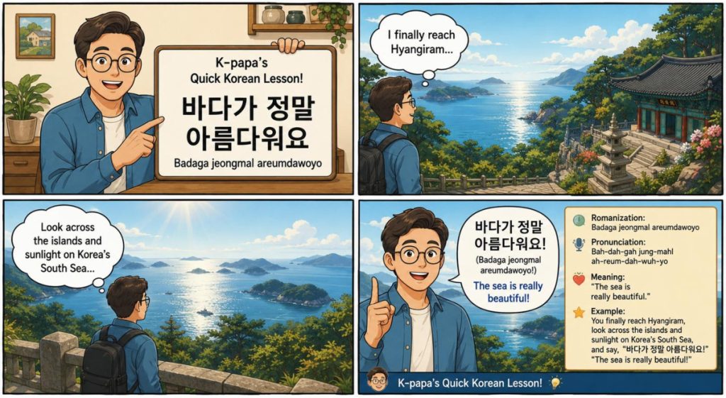 Four-panel K-papa's Quick Korean Lesson webtoon teaching the Korean phrase "Badaga jeongmal areumdawoyo" (The sea is really beautiful) with a scenic view of Hyangiram and Korea's South Sea.