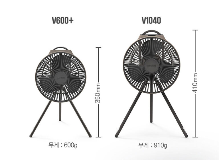 Side-by-side comparison of Claymore Fan V600+ and V1040 portable camping fans, showing the difference in size, tripod height, and fan head scale.
