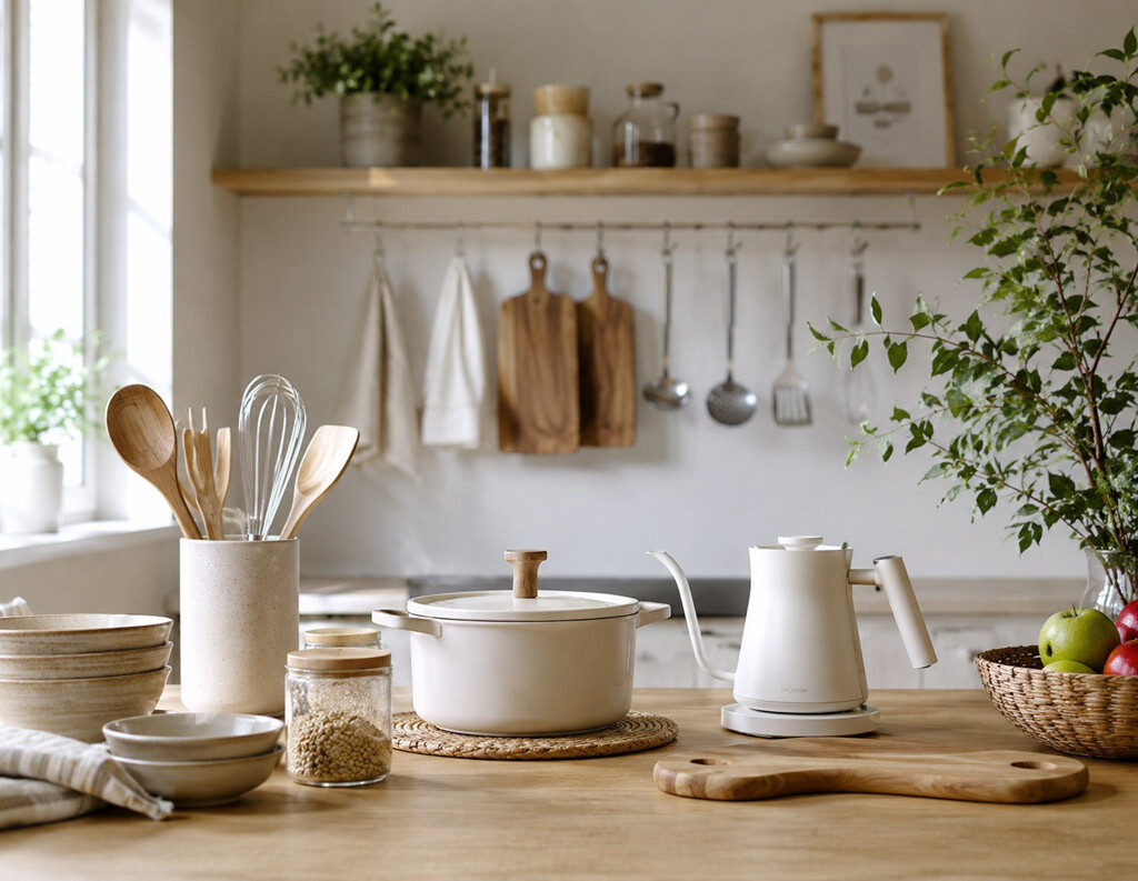 Modern Korean kitchen interior featuring smart kitchen gadgets and minimalist home lifestyle products.