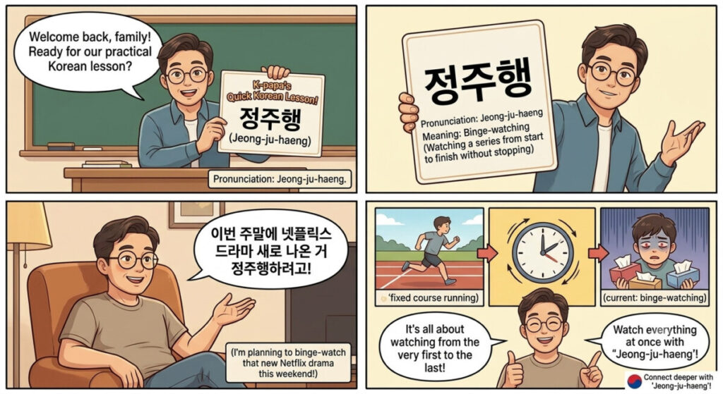 Four-panel webtoon illustration teaching the Korean word "Jeong-ju-haeng."