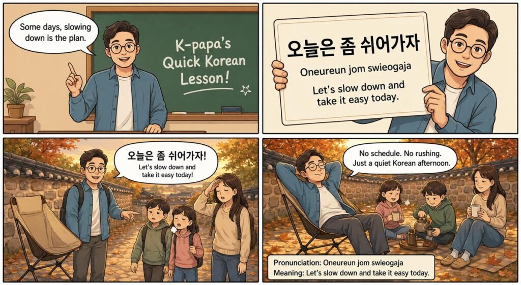 K-papa teaches the Korean phrase “오늘은 좀 쉬어가자” while his family relaxes beside a traditional Korean stone wall in a Helinox-style camping chair.