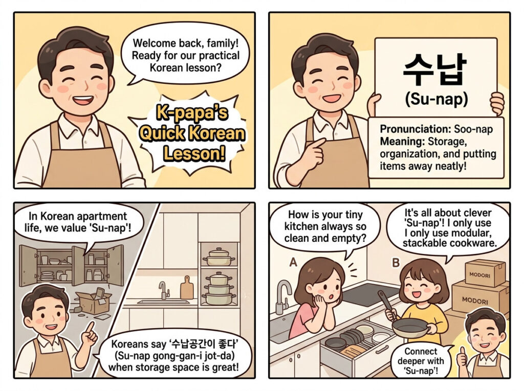 A simple webtoon comic explaining the Korean word Su-nap (storage) with a friendly conversation.