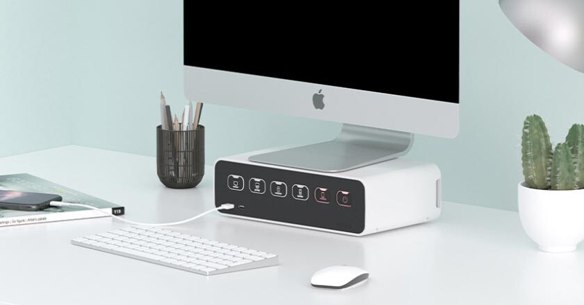 The sleek Ablue Boxtap AB500 blending perfectly into a modern PC gaming and computer desk setup.