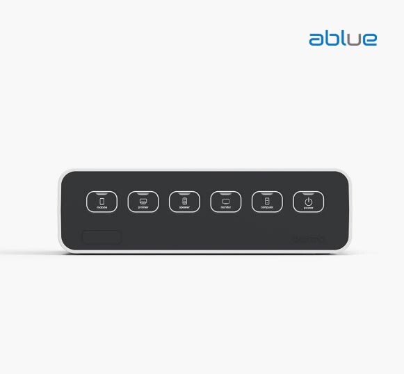 A full front view of the Ablue Boxtap AB500 power strip organizer showcase box on a clean surface.
