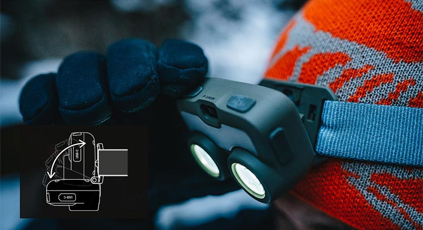 Close-up of the adjustable lighting angle on the Claymore Heady 3 headlamp