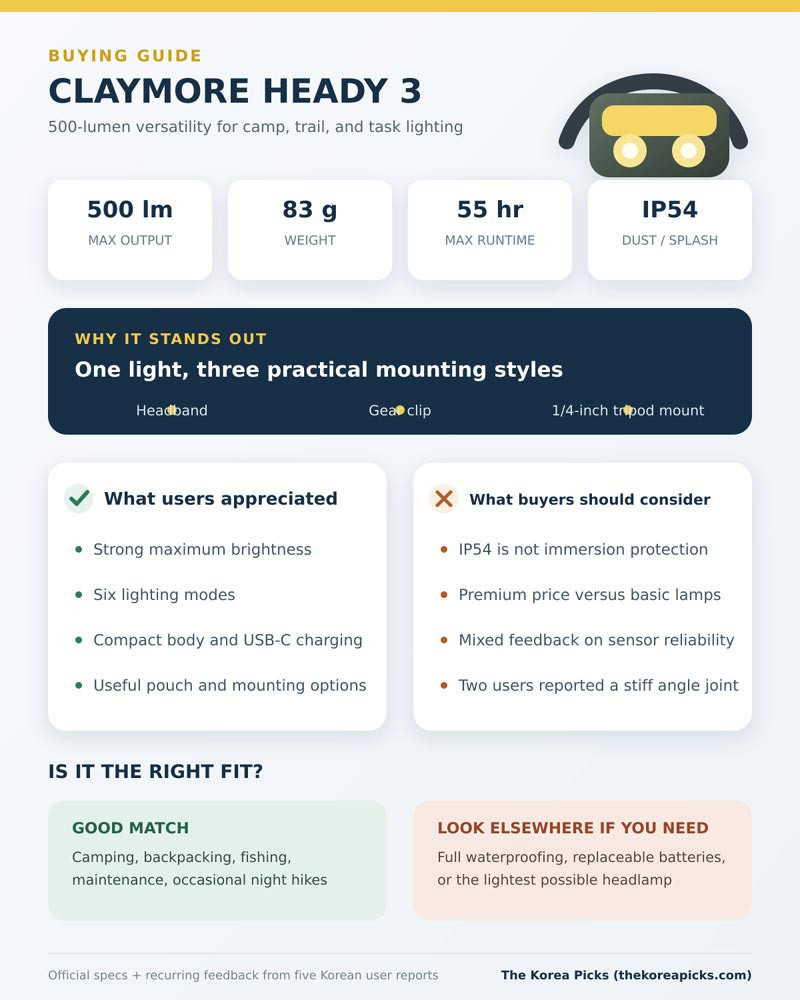 CLAYMORE Heady 3 review infographic showing 500-lumen output, 83 g weight, 55-hour maximum runtime, IP54 rating, strengths, limitations, and recommended uses.
