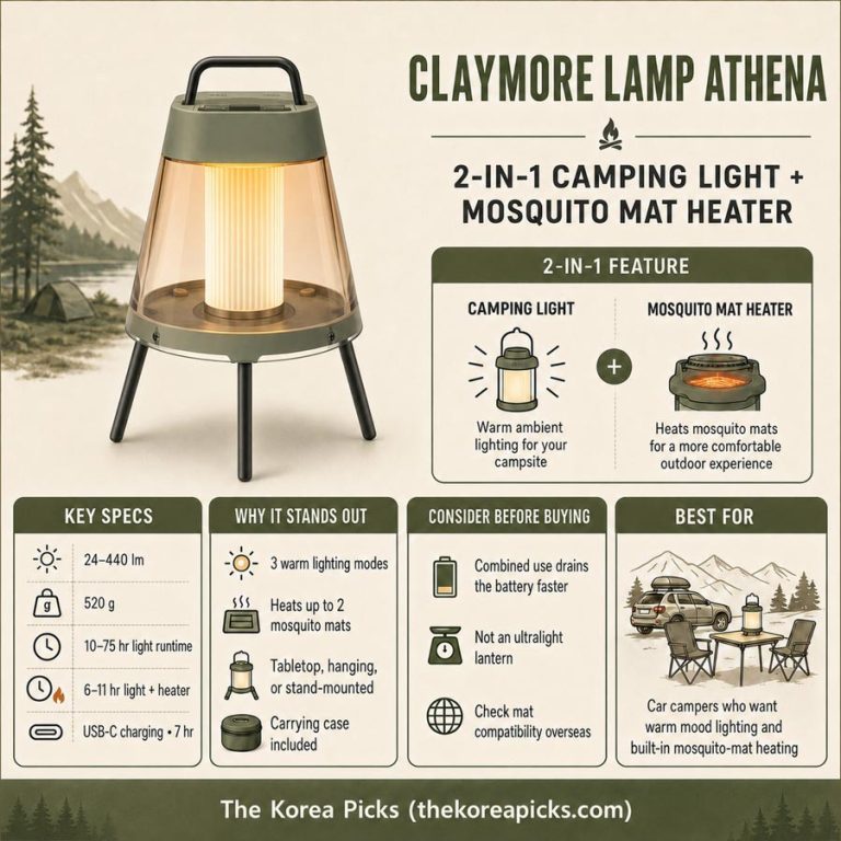 CLAYMORE Lamp Athena review infographic showing key specifications, lighting modes, mosquito mat heater, drawbacks, and recommended users.