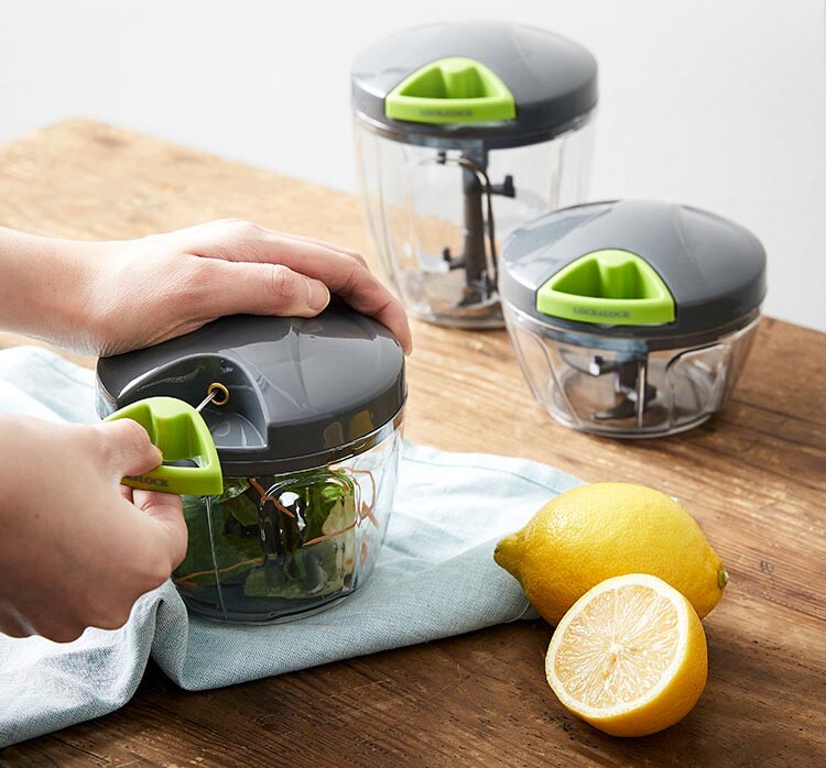 LocknLock Vegetable Slicer Review showing the manual pull-cord chopper and removable three-blade assembly
