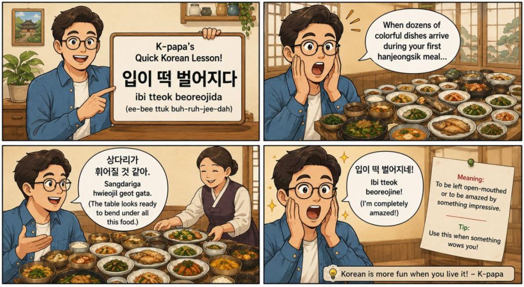 K-papa's Quick Korean Lesson explaining the Korean expression "Ibi Tteok Beoreojida" through a traditional hanjeongsik meal, showing the meaning of being amazed by an impressive spread of Korean dishes.