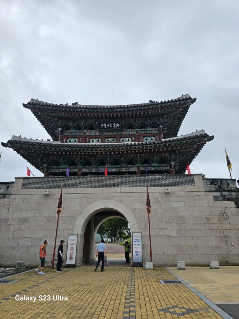 Historic fortress gate leading to Chokseokru Pavilion in Jinju, South Korea.