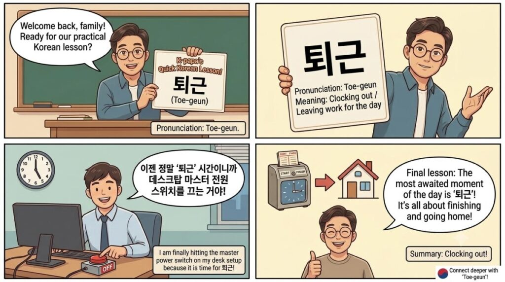 A four-panel Korean educational webtoon featuring K-papa, based on a lesson about the word '퇴근' (Toe-geun), meaning to clock out.