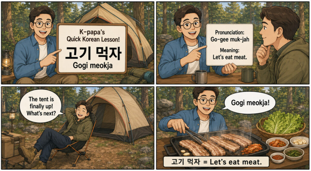 A four-panel K-papa Korean lesson comic teaching “Gogi meokja,” meaning “Let’s eat meat,” through a Korean camping barbecue scene.