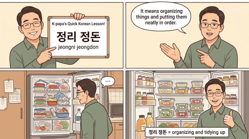 A 4-panel webcomic titled "K-papa's Quick Korean Lesson" explaining the phrase "Jeongni jeongdon" (정리 정돈)
