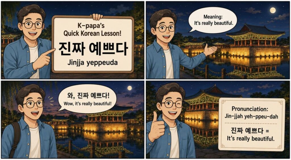 K-papa’s four-panel Korean lesson explaining “jinjja yeppeuda” at Donggung Palace and Wolji Pond in Gyeongju