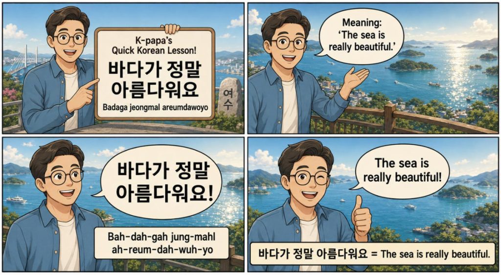 K-papa’s four-panel Korean lesson teaching “바다가 정말 아름다워요” with a beautiful view of Yeosu’s South Sea.