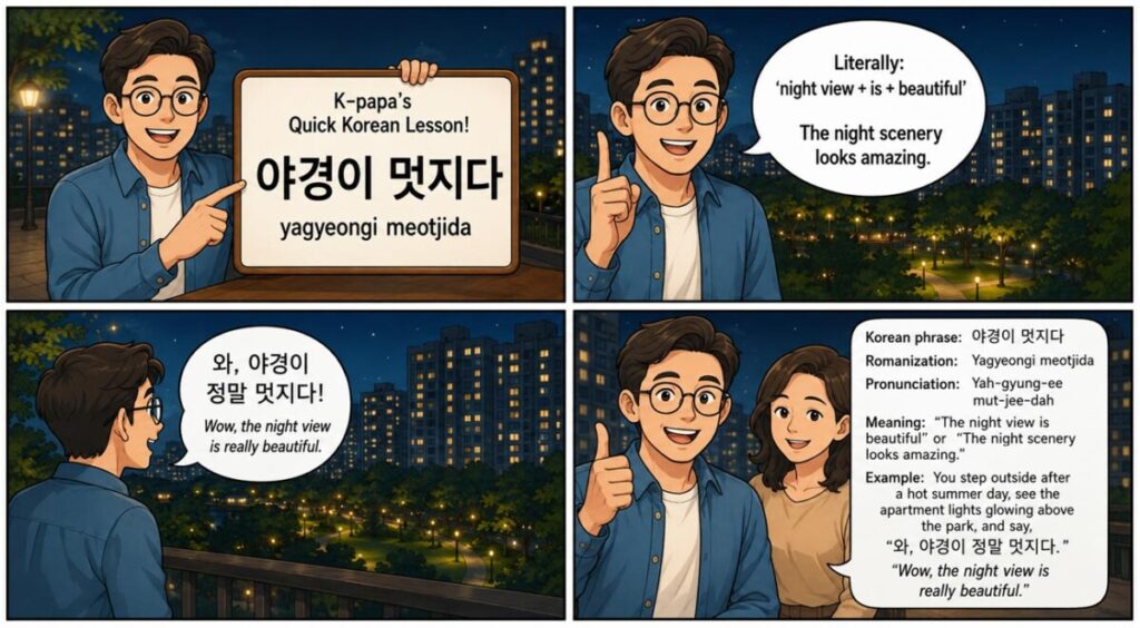 K-papa's Quick Korean Lesson comic teaching the Korean phrase "Yagyeongi Meotjida" (The night view is beautiful) with a nighttime city scenery example.