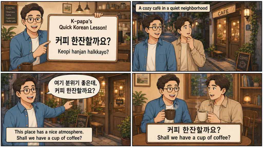 K-papa Korean lesson webtoon teaching how to say Shall we have a cup of coffee in Korean