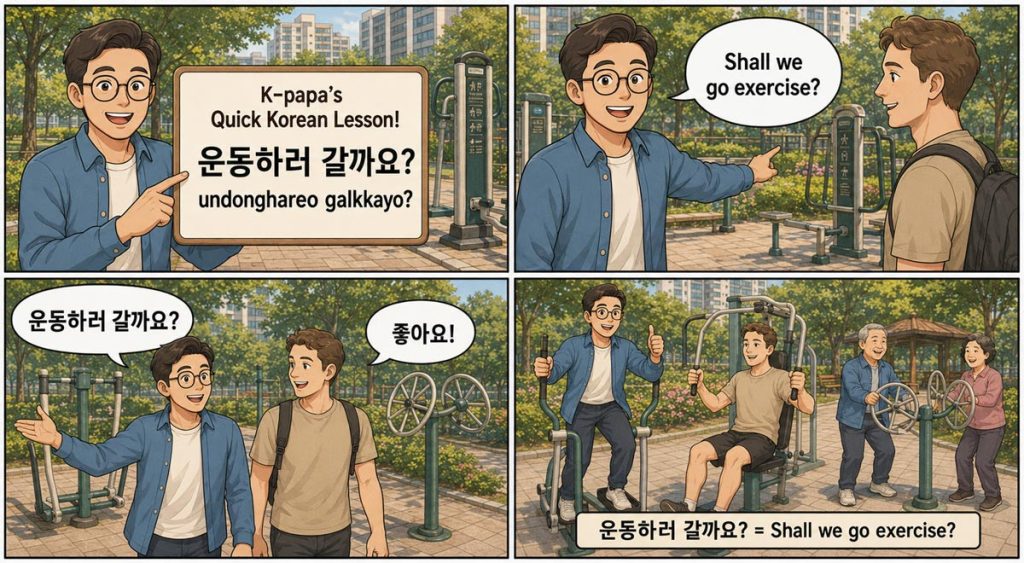Four-panel K-papa comic teaching undonghareo galkkayo, meaning “Shall we go exercise?”, in a Korean park with outdoor fitness equipment.