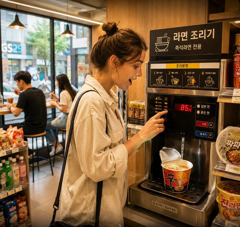 A traveler uses a Korean convenience store ramen machine to prepare instant noodles inside a modern convenience store with a warm local atmosphere.