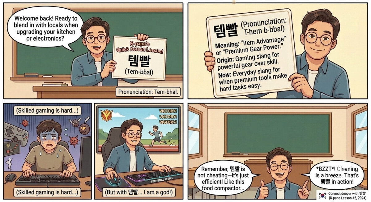 A four-panel educational comic explaining the Korean slang term 'Tem-bbal' (Item Advantage), showing how premium gear makes both video games and household chores like using a food compactor much easier.