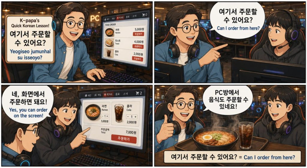 Four-panel Korean lesson webtoon showing K-papa asking “Can I order from here?” at a Korean PC bang