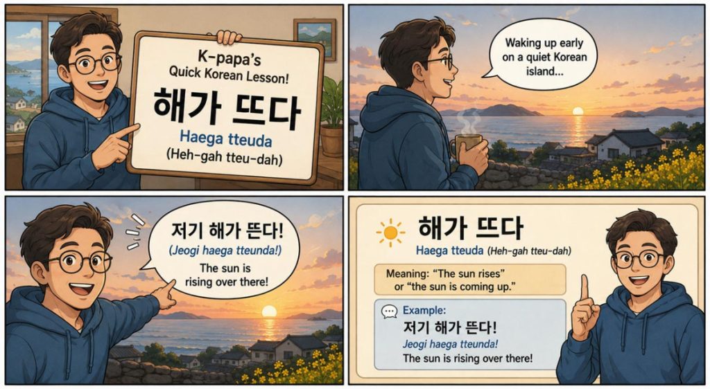 Four-panel Korean language webtoon explaining the phrase "Haega tteuda" (The sun rises) with a beautiful sunrise over a quiet Korean island.