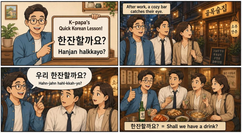 Four-panel Korean lesson webcomic teaching “Hanjan halkkayo?” meaning “Shall we have a drink?” in an after-work bar scene.