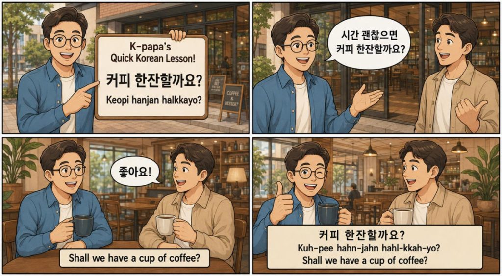 Four-panel Korean lesson webtoon teaching “커피 한잔할까요?”, meaning “Shall we have a cup of coffee?”