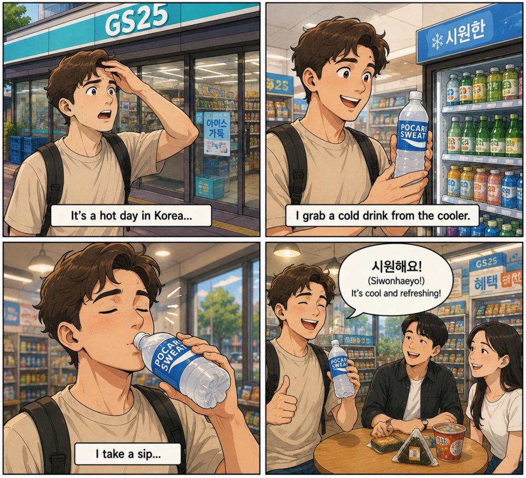 A four-panel webtoon introducing the Korean phrase “Siwonhaeyo,” showing a traveler enjoying a cold drink on a hot day in a Korean convenience store.