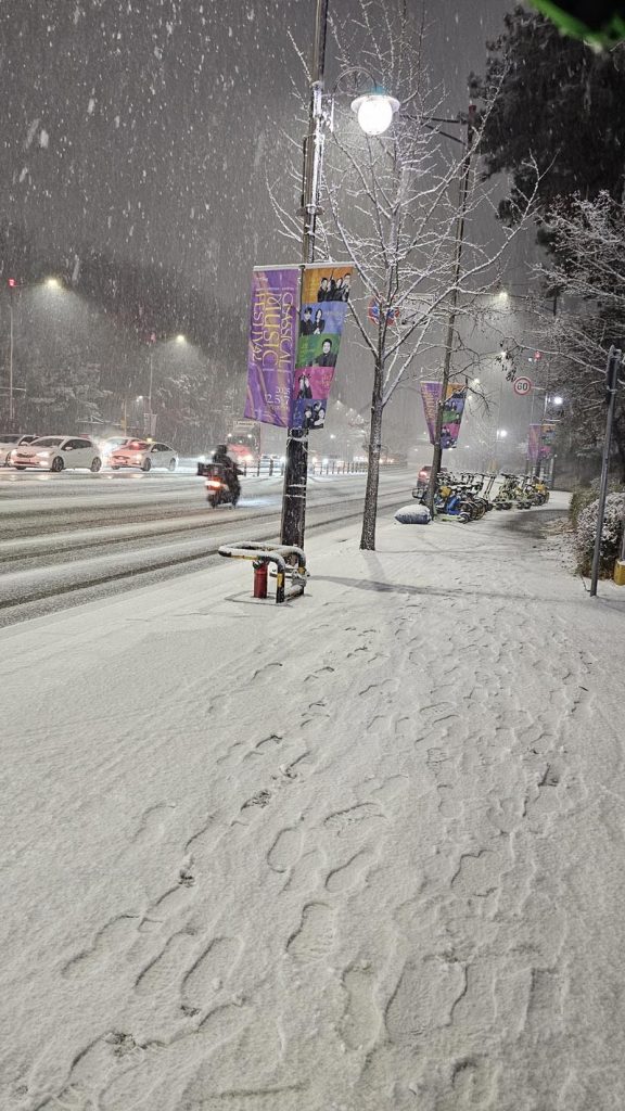 Snow piled along a sidewalk beside a road in a Korean neighborhood during winter.