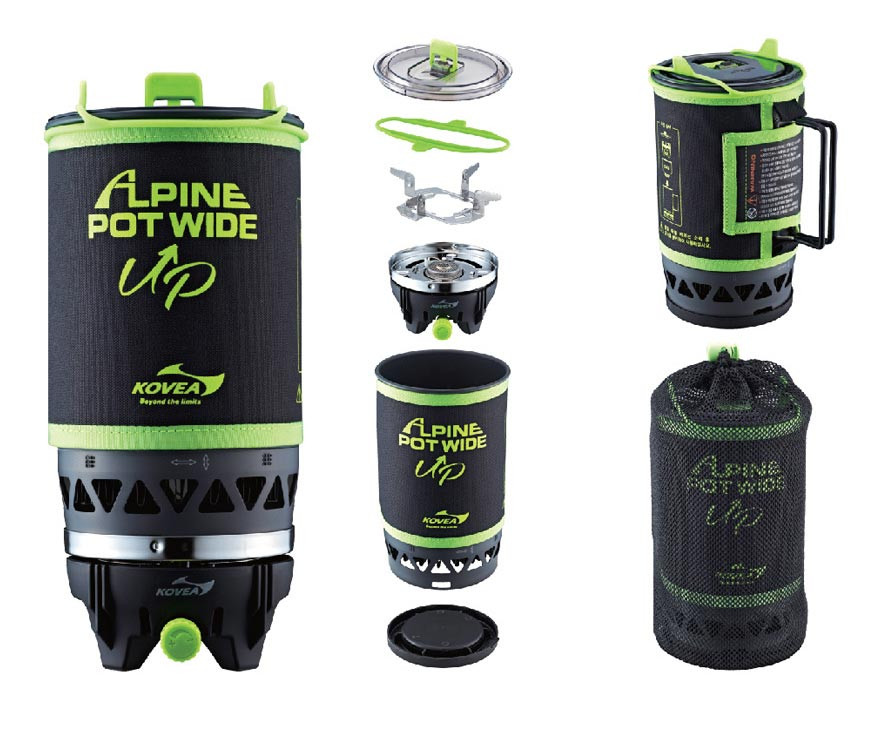 Disassembled components of the KOVEA Alpine Pot Wide Up cookware set for compact storage and transport.