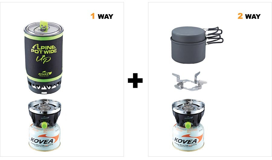 Two different ways to use the KOVEA Alpine Pot Wide Up for outdoor cooking and camping meals.