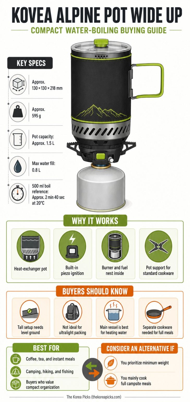 KOVEA Alpine Pot Wide Up review infographic showing key specifications, advantages, drawbacks, and recommended users.
