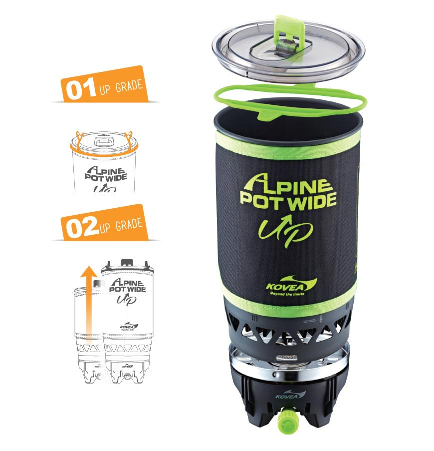 KOVEA Alpine Pot Wide Up Review showing the assembled camping stove and heat-exchanger pot