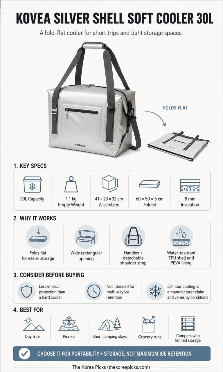 KOVEA Silver Shell Soft Cooler 30L buying guide showing key specifications, fold-flat storage benefits, limitations, and recommended uses.