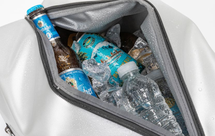 KOVEA Silver Shell Soft Cooler 30L Review with ice and cold drinks stored inside the cooler bag