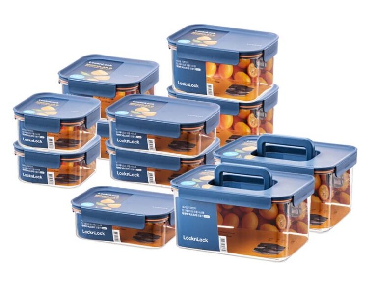 A complete set of LocknLock Bisfree Modular Plus food storage containers showcasing various sizes neatly stacked together.