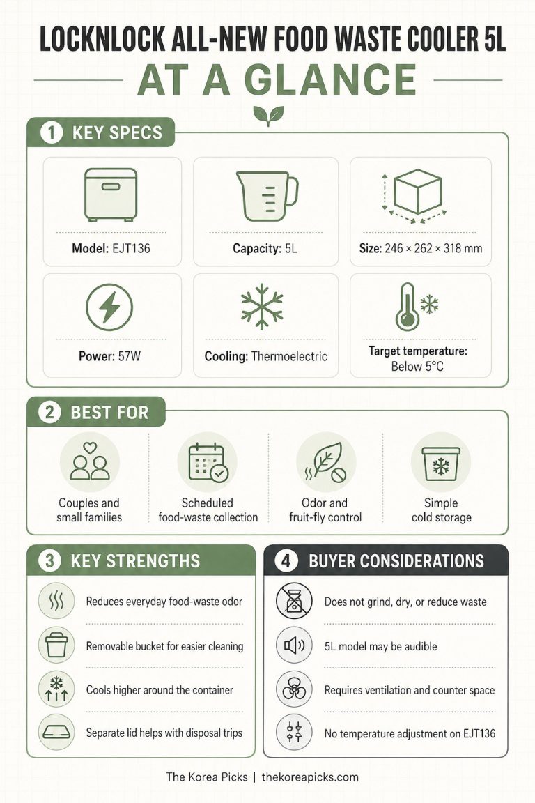 LocknLock Food Waste Cooler 5L infographic showing key specifications, ideal users, strengths, and buyer considerations