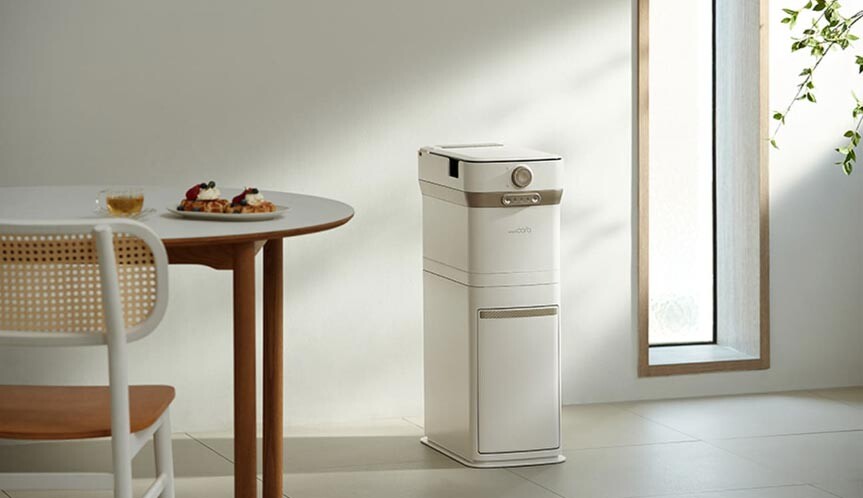 A wide angle shot of a luxury Korean kitchen styling with the Smartcara 400 Pro X seamlessly blending in as a premium appliance.