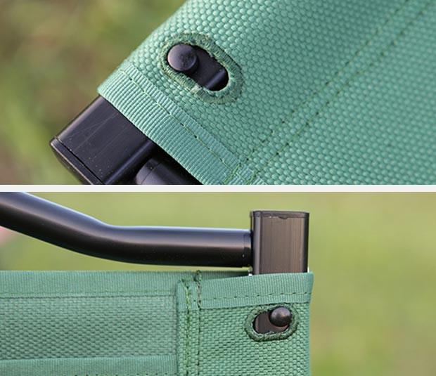 Minimal Works Life Folding Chair B Plus Review showing the breathable fabric vent detail
