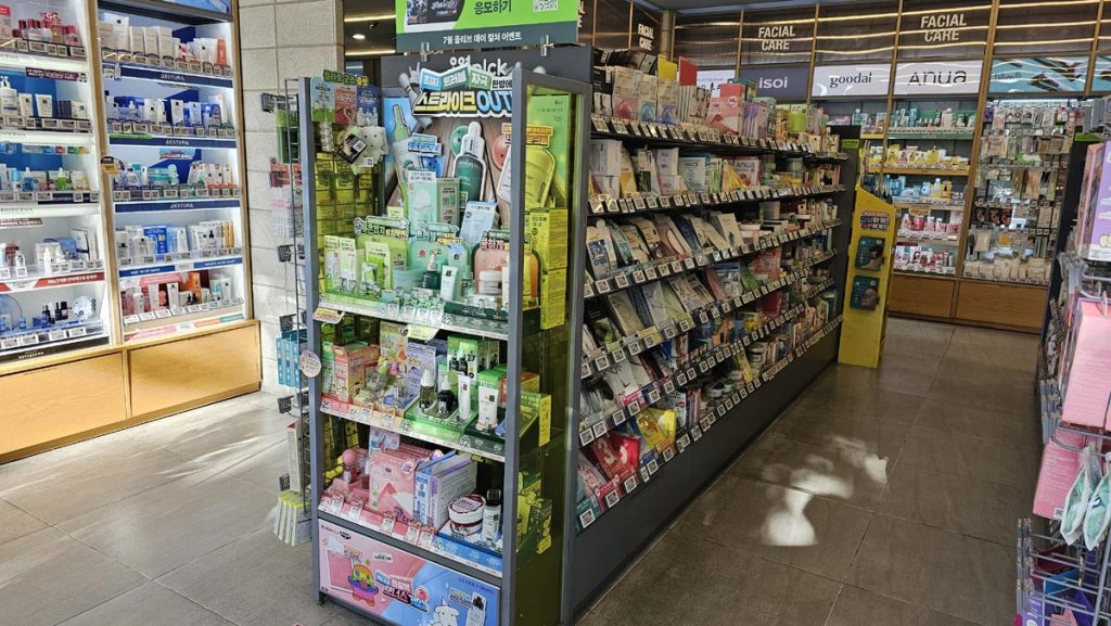 Organized Korean skincare and cosmetic products at an Olive Young store