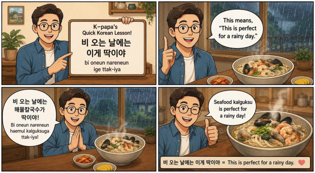 Four-panel comic explaining the Korean phrase “Bi oneun nareneun ige ttak-iya” (This is perfect for a rainy day) with a steaming bowl of seafood kalguksu on a rainy day.
