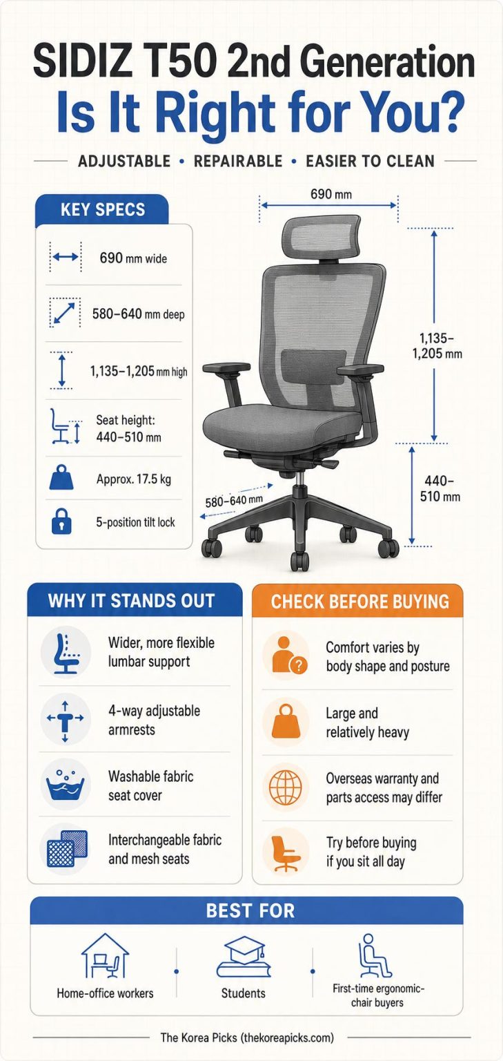 SIDIZ T50 2nd Generation review infographic showing specifications, advantages, drawbacks, and recommended users.