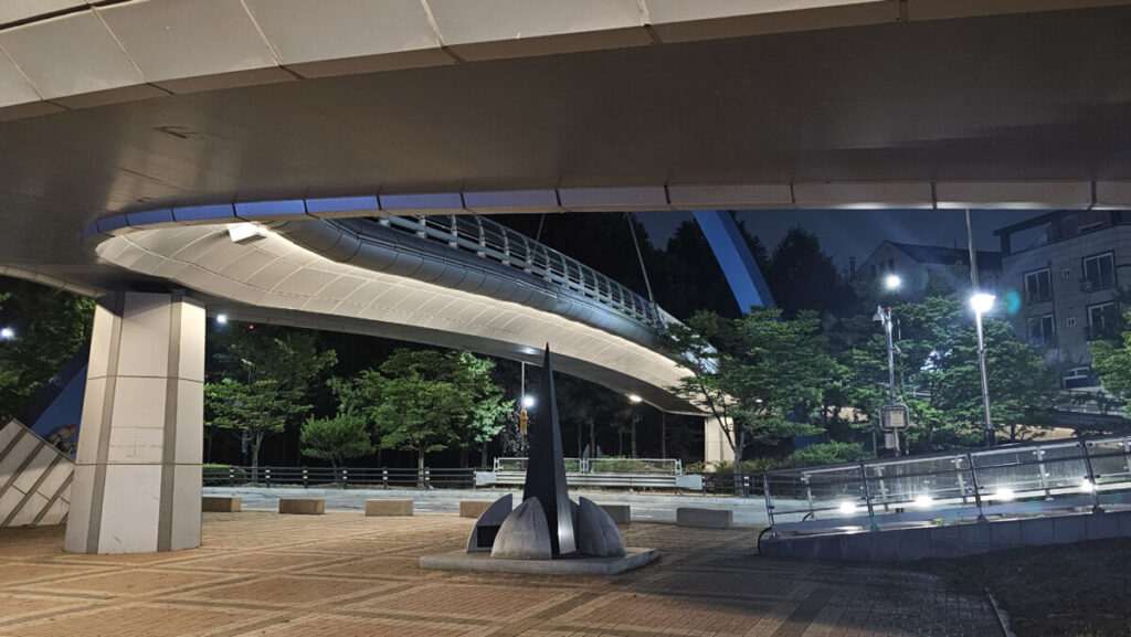 Modern curved design of a pedestrian overpass contrasting against the dark night sky near a Korean apartment complex.