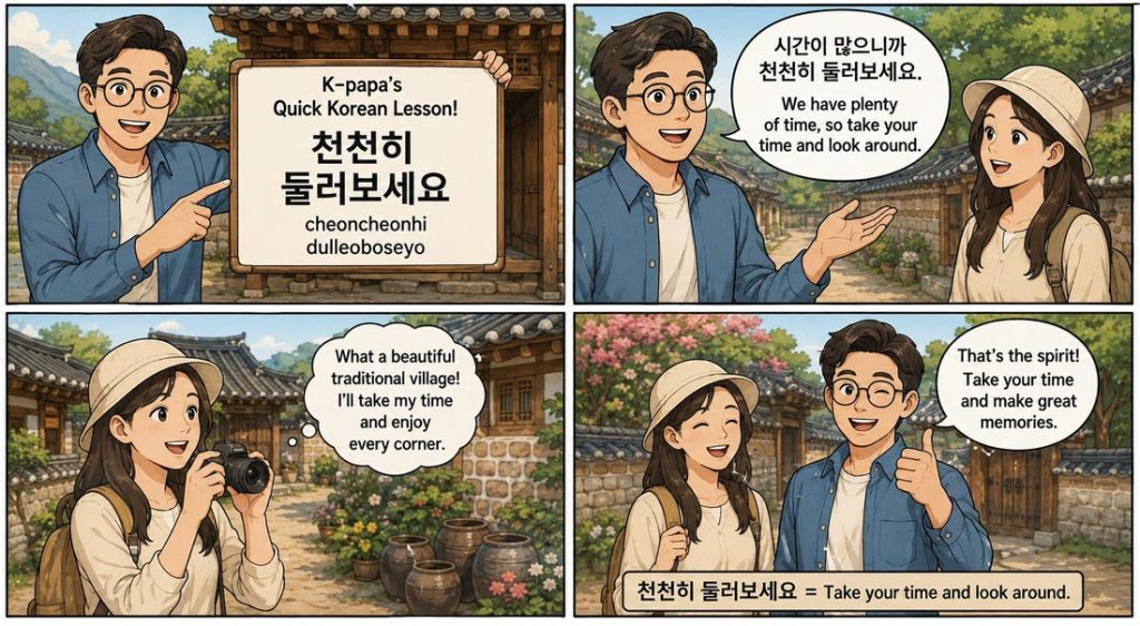 Four-panel Korean lesson comic teaching the phrase "Cheoncheonhi Dulleoboseyo" (Take Your Time and Look Around) in a traditional Korean village setting.