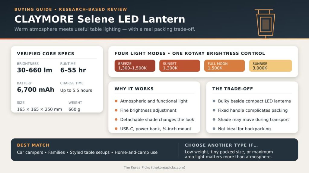 CLAYMORE Selene review buying guide showing specifications, four lighting modes, advantages, drawbacks, and recommended users