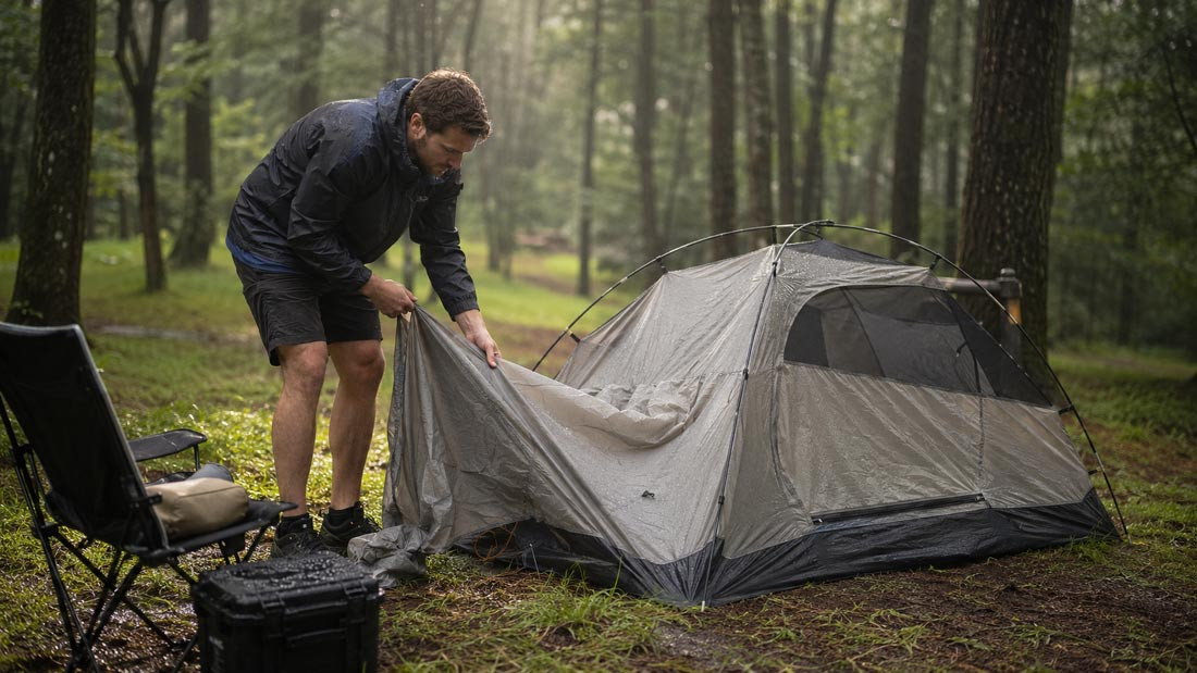 Foreign camper setting up a tent at a forest campground in Korea after summer rain