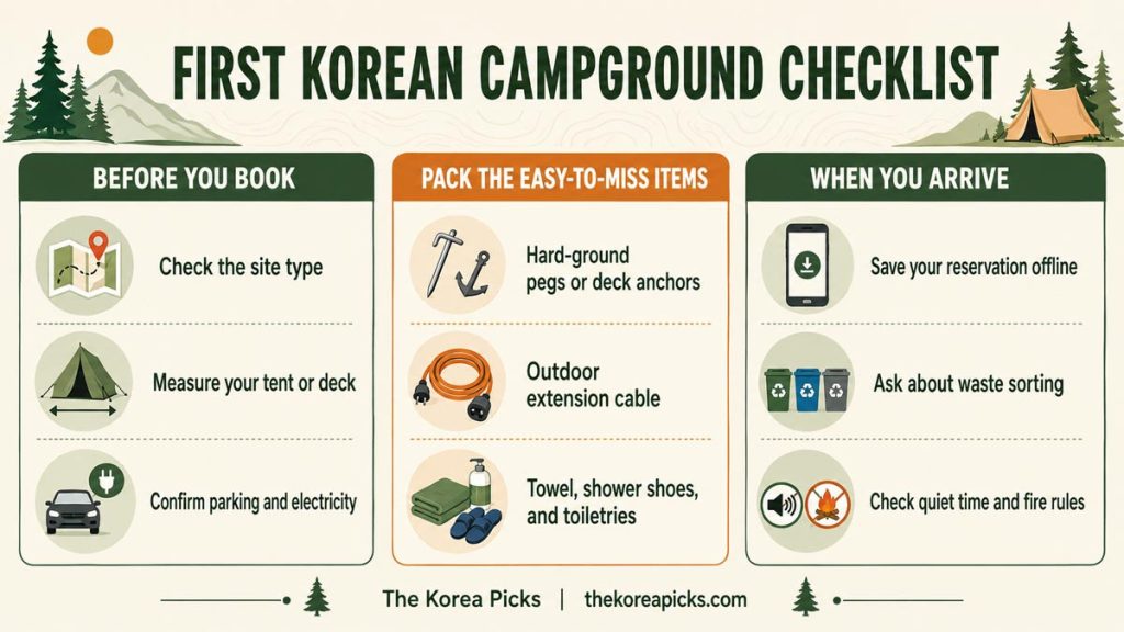First Korean campground checklist covering booking, essential gear, check-in, waste sorting, and campsite rules