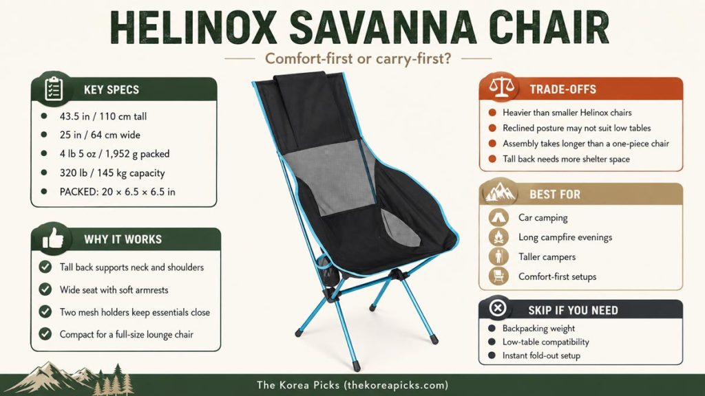 Helinox Savanna Chair review infographic showing key specifications, comfort benefits, trade-offs, recommended users, and reasons to choose another chair.