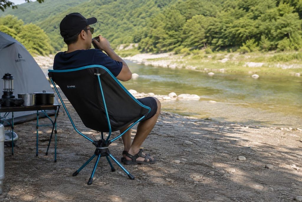 Helinox Swivel Chair set beside a stream for a relaxing outdoor camping setup